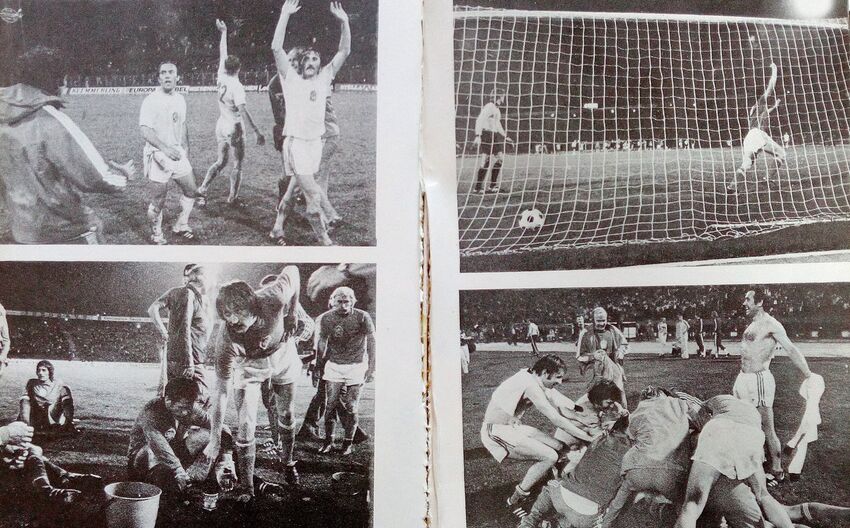 Semifinále ME 1976 s Holandskem (vlevo) a radost po vítězném finále s Němci (vpravo); z knihy Sólo pro Panenku. Zdroj: Archiv pamětníka