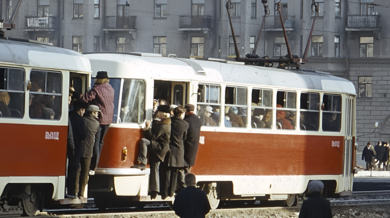 Centrum města v dopravní špičce, Barnaul, Sibiř, SSSR, 1973