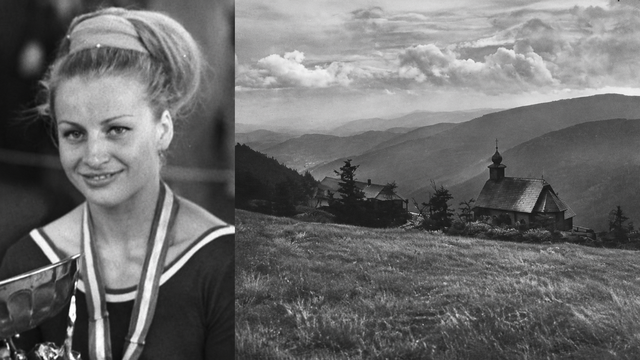 Věra Čáslavská; vpravo Vřesová studánka v roce 1938. V místní horské chatě se gymnastka ukrývala po srpnové okupaci 1968. Ilustrační koláž z archivních fotografií, upravená pomocí AI.