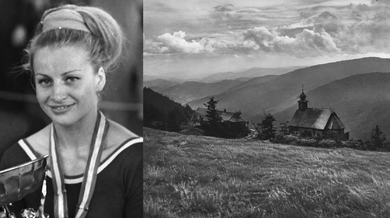 Věra Čáslavská; vpravo Vřesová studánka v roce 1938. V místní horské chatě se gymnastka ukrývala po srpnové okupaci 1968. Ilustrační koláž z archivních fotografií, upravená pomocí AI.