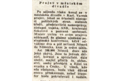 Dobový tisk informoval o projevu ministra vnitra Václava Noska po odjezdu posledního transportu. Ministr prohlásil, že Němci odcházejí do Německa, „kam je srdce táhlo“. Zdroj: dobový tisk, 1946.