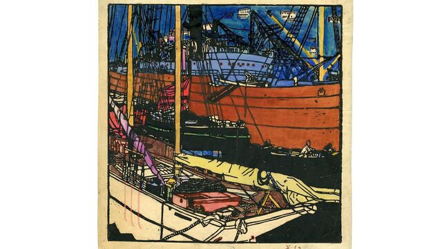Rudolf Kalvach: Přístav v Terstu (barevný dřevořez, 1907). Zdroj: Wikimedia Commons