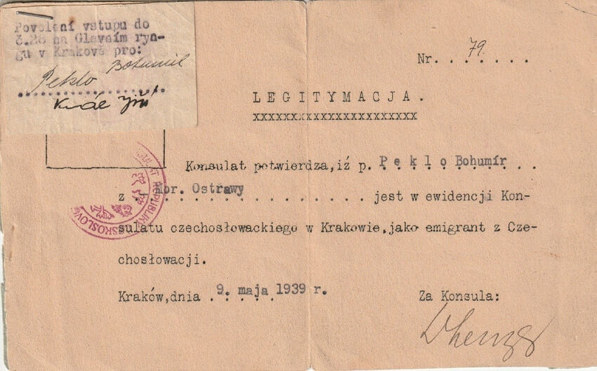 Legitimace emigranta, kterou vydal Bohumíru Peklovi 9. května 1939 československý konzulát v Krakově. Zdroj: Marcela Jurasová