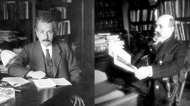 Teoretický fyzik Albert Einstein (1879–1955) a indolog Moriz Winternitz (1863–1937) se spřátelili na půdě pražské německé univerzity v roce 1911. Zdroj: ETH Zurich Archives (CC BY-SA 4.0) a archiv Ludmily Tornové