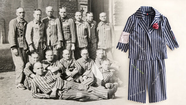 Redakční koláž: vězni na snímku z archivu Radomíra Faltýnka (vlevo) a kostým Zara Home (vpravo). Zdroje: archiv pamětníka / Paměť národa a síť X. Koláž vytvořena s pomocí AI.