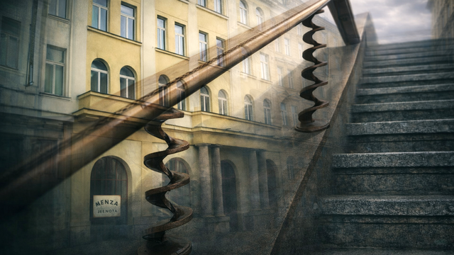 Současná podoba budovy spolu s jedním z rafinovaných detailů interiéru. Foto: Markéta Bernatt-Reszczyńská (Kompozici vytvořila z reálných fotografií AI.)