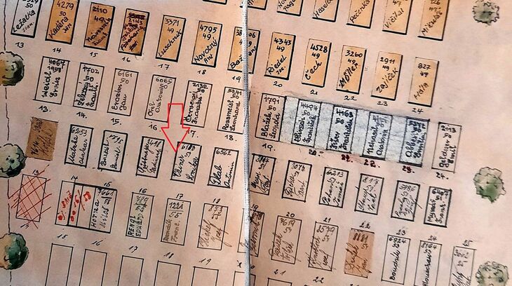 Detail plánu trestaneckého hřbitova s vyznačeným hrobem filmaře a novináře Lomikara Kleinera Zdroj: osobní spis Lomikara Kleinera, Národní archiv Praha