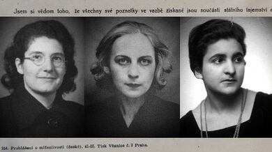 Tři nejdéle vězněné manželky mužů obviněných v „Procesu s protistátním spikleneckým centrem vedeným Rudolfem Slánským“ (zleva): Marian Šlingová (28 měsíců), Lída Clementisová (22 měsíců) a Fritzi Löblová (6 měsíců). Při propuštění z vazby musely podepsat prohlášení o mlčenlivosti o průběhu vazby.