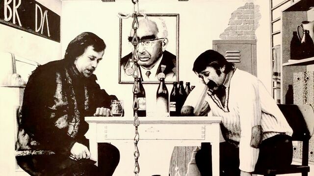 Václav Havel a Pavel Landovský na výřezu z obalu nahrávky Audience, vydané roku 1979 v exilovém vydavatelství Šafrán. Zdroj: archiv Petra P. Nováka