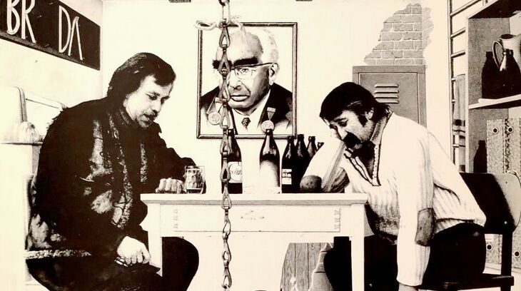 Václav Havel a Pavel Landovský na výřezu z obalu nahrávky Audience, vydané roku 1979 v exilovém vydavatelství Šafrán. Zdroj: archiv Petra P. Nováka